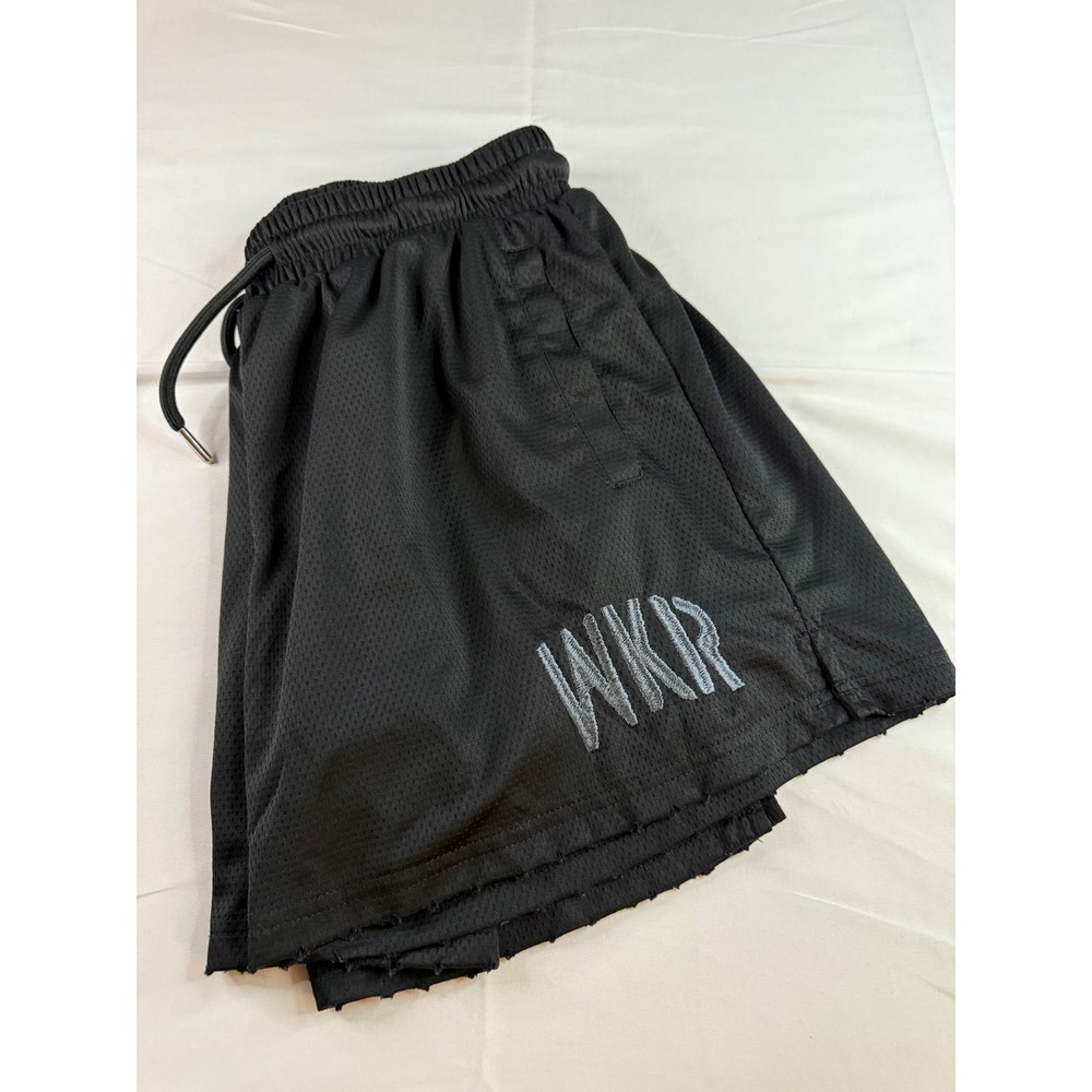 WKR Mens Mesh Athletic Shorts Black Embroidered Logo Raw Hem Size Medium